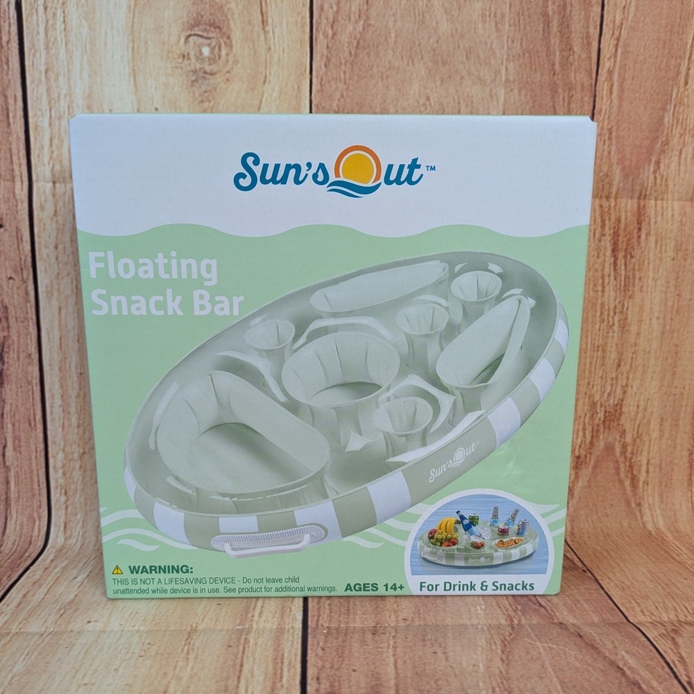 Suns Out Floating Snack Bar Inflatable Pool Tray Green Stripe Cabana 29in x 19in